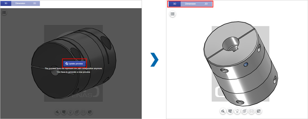 Click the “Update preview” button and you are able to see the initial look of drawings (2D/3D/Dimension) even before downloading them on the same page.